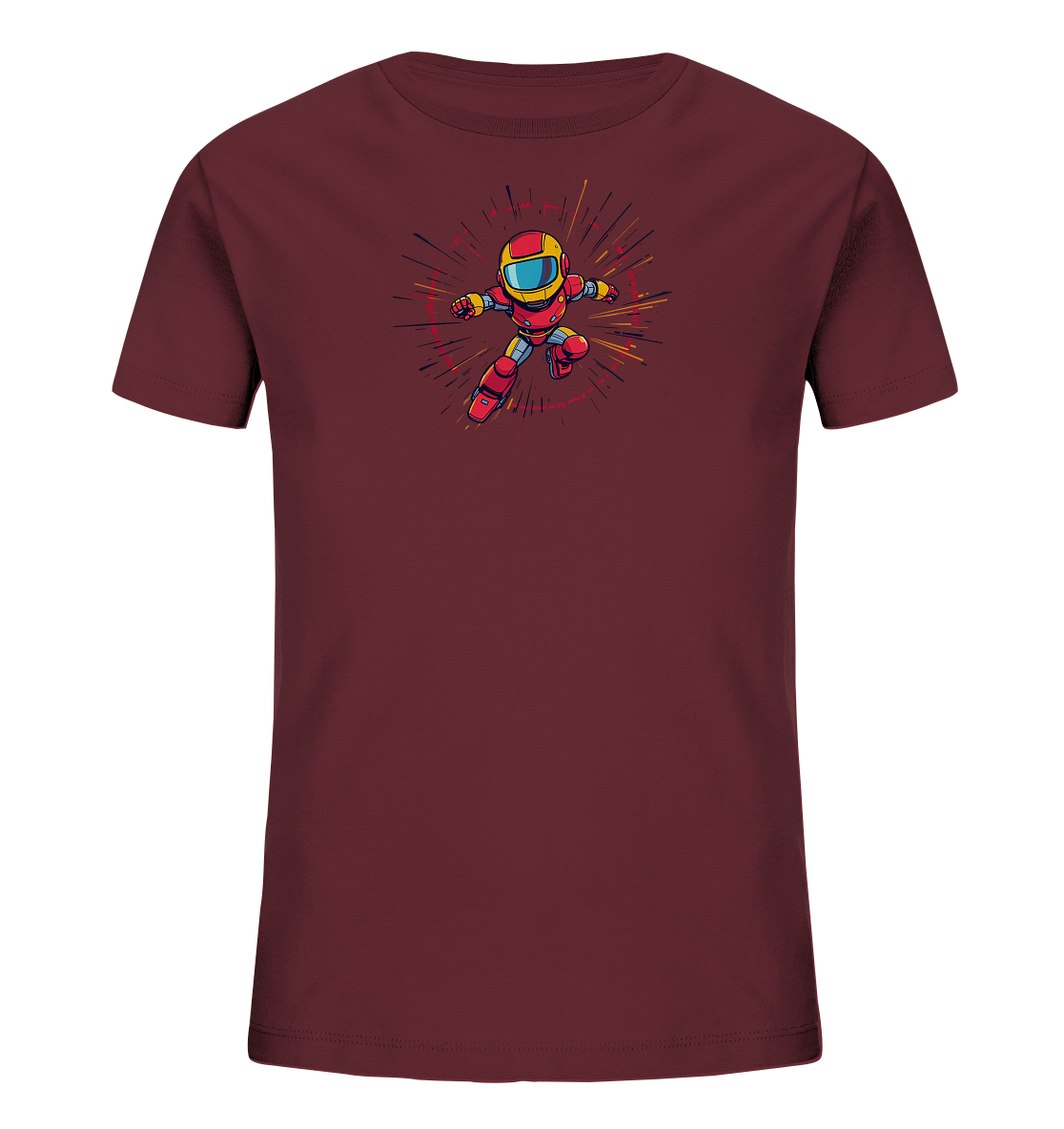Onlineshop Shirts für Kinder - Das Bild zeigt ein dunkelrotes T-Shirt für Kinder. Auf der Vorderseite befindet sich eine bunte Grafik, die eine kleine Figur in einem roten Anzug mit gelbem Helm darstellt. Die Figur ist in einer dynamischen Bewegungspose zu sehen, umgeben von bunten Linien, die Energie oder Geschwindigkeit symbolisieren. Dieses Design ist auffällig und verspielt, ideal für aktive Kinder.