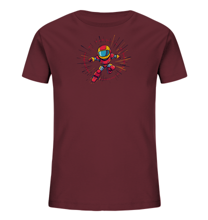 Onlineshop Shirts für Kinder - Das Bild zeigt ein dunkelrotes T-Shirt für Kinder. Auf der Vorderseite befindet sich eine bunte Grafik, die eine kleine Figur in einem roten Anzug mit gelbem Helm darstellt. Die Figur ist in einer dynamischen Bewegungspose zu sehen, umgeben von bunten Linien, die Energie oder Geschwindigkeit symbolisieren. Dieses Design ist auffällig und verspielt, ideal für aktive Kinder.