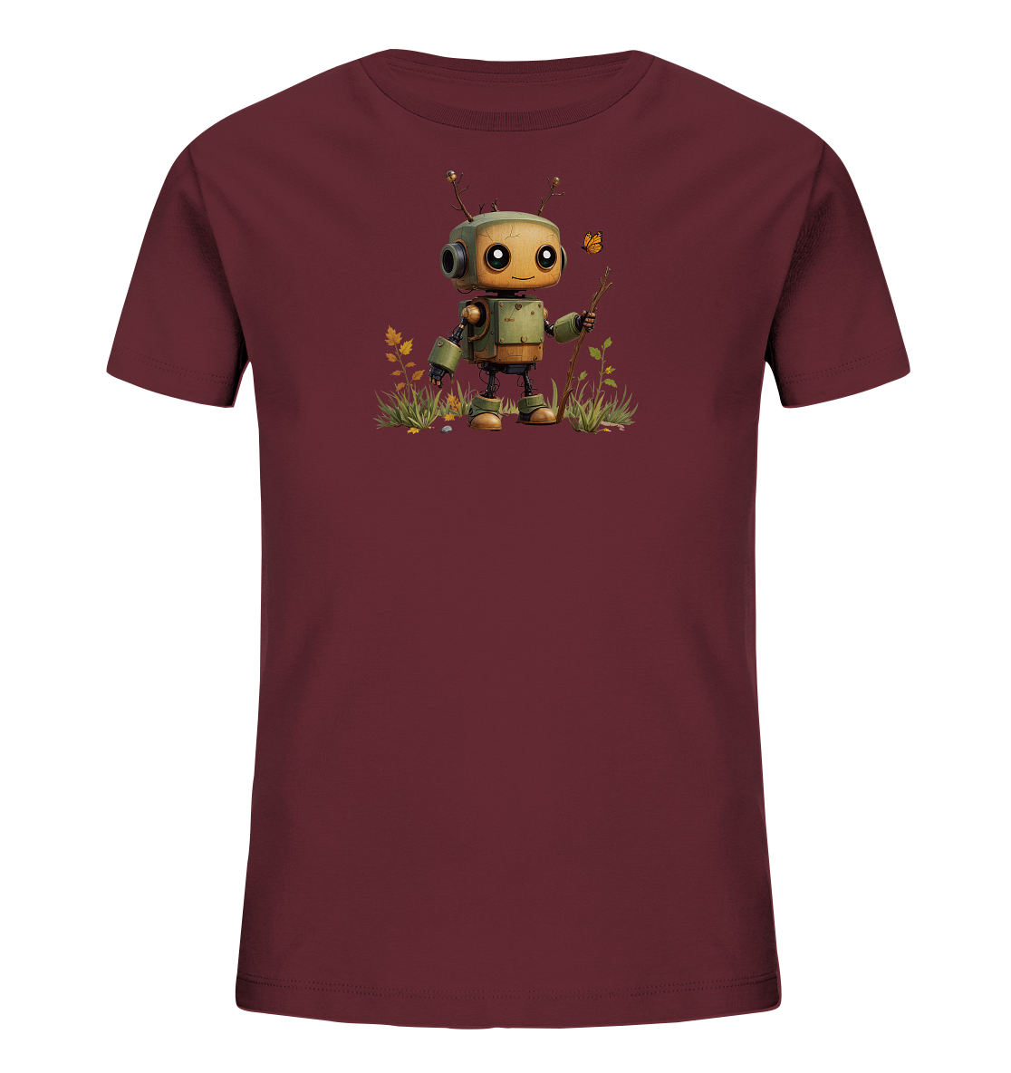 Onlineshop Shirts für Kinder - Das Bild zeigt ein dunkelrotes Kinder T-Shirt. Auf der Vorderseite ist ein detailliertes Motiv eines freundlichen Roboters abgebildet. Der kleine Roboter steht in einer Wiese mit grünen Grashalmen und bunten Herbstblättern und hält einen Stock in der Hand. Über dem Roboter fliegt ein kleiner, orangefarbener Schmetterling, was der Szene einen verspielten Touch verleiht.