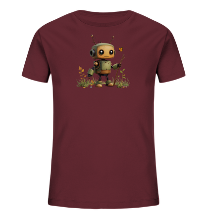 Onlineshop Shirts für Kinder - Das Bild zeigt ein dunkelrotes Kinder T-Shirt. Auf der Vorderseite ist ein detailliertes Motiv eines freundlichen Roboters abgebildet. Der kleine Roboter steht in einer Wiese mit grünen Grashalmen und bunten Herbstblättern und hält einen Stock in der Hand. Über dem Roboter fliegt ein kleiner, orangefarbener Schmetterling, was der Szene einen verspielten Touch verleiht.