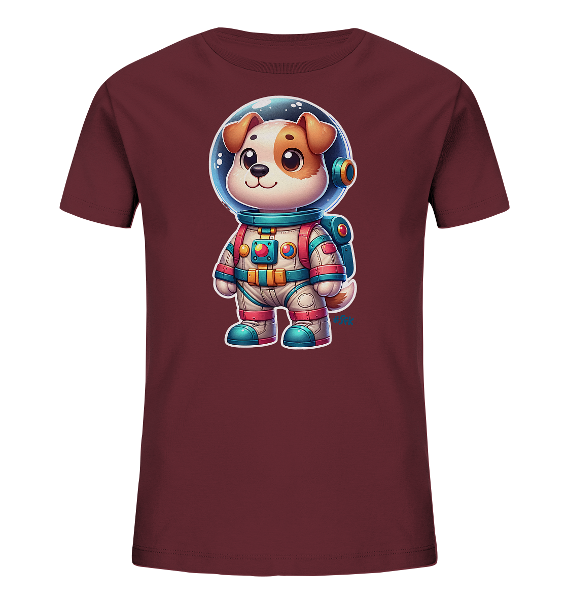 Onlineshop Shirts fuer Kinder - Das Bild zeigt ein Kinder-T-Shirt in einem kraeftigen Burgunderrot. Auf der Vorderseite ist eine detailreiche Grafik eines niedlichen Cartoon-Hundes abgebildet, der einen bunten Astronautenanzug traegt. Der Hund hat einen freundlichen Ausdruck und blickt geradeaus durch sein Helmvisier. Der Weltraumanzug ist farbenfroh gestaltet mit blauen, roten und beigen Akzenten und einem kleinen Rucksack.