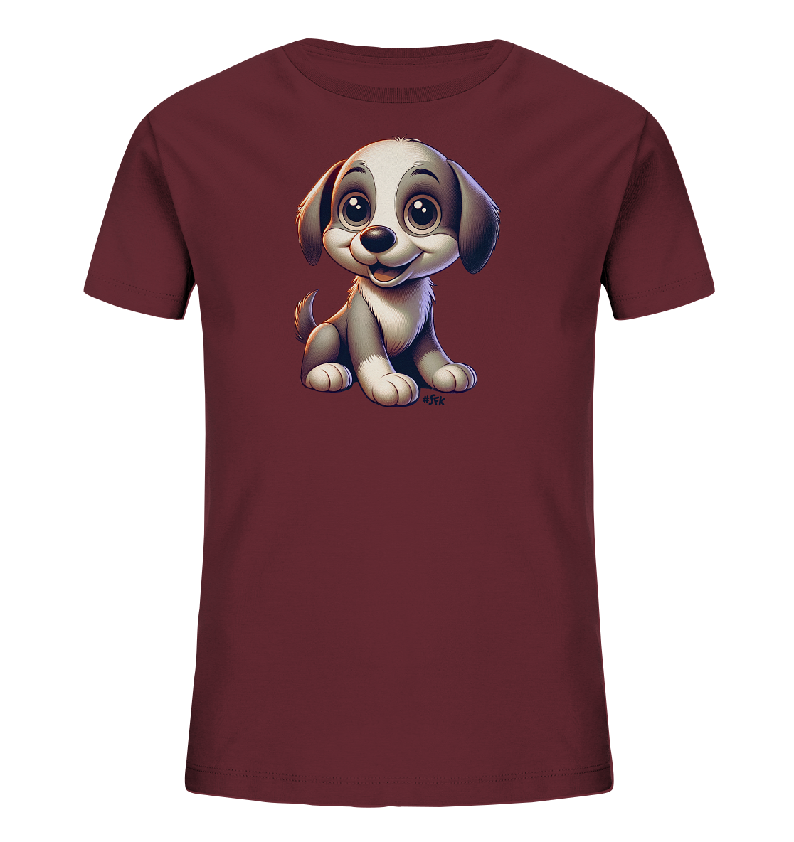 Onlineshop Shirts fuer Kinder - Das Bild zeigt ein dunkelrotes T-Shirt fuer Kinder. Auf der Vorderseite befindet sich eine detaillierte Illustration eines niedlichen, cartoonhaften Hundewelpen. Der Welpe sitzt aufrecht, hat grosse, ausdrucksstarke Augen und ein freundliches Laecheln. Das Design wirkt liebevoll gestaltet und ansprechend fuer Kinder.