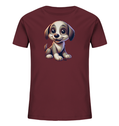 Onlineshop Shirts fuer Kinder - Das Bild zeigt ein dunkelrotes T-Shirt fuer Kinder. Auf der Vorderseite befindet sich eine detaillierte Illustration eines niedlichen, cartoonhaften Hundewelpen. Der Welpe sitzt aufrecht, hat grosse, ausdrucksstarke Augen und ein freundliches Laecheln. Das Design wirkt liebevoll gestaltet und ansprechend fuer Kinder.