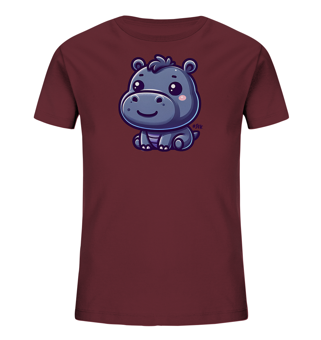 Onlineshop Shirts fuer Kinder - Das Bild zeigt ein dunkelrotes Kinder-T-Shirt mit einem niedlichen, cartoonhaften Motiv eines Nilpferds auf der Vorderseite. Das Nilpferd ist blau-grau und sitzt aufrecht mit grossen, freundlichen Augen und rosa Wangen. Es hat einen breiten Grinser und ist im verspielten Comic-Stil gezeichnet. Das Design wirkt charmant und ansprechend.