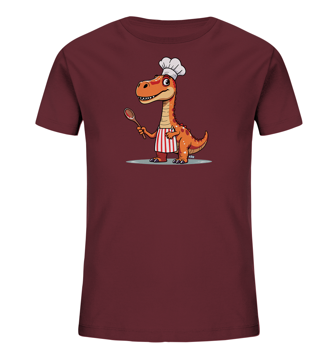 Onlineshop Shirts fuer Kinder - Das Bild zeigt ein dunkelrotes Kinder-T-Shirt mit einem Cartoon-Dinosaurier als Hauptmotiv auf der Vorderseite. Der froehliche Dinosaurier traegt eine weisse Kochmuetze und eine rot-weiss gestreifte Schuerze. Er haelt einen Holzloeffel in seiner Hand und blickt freundlich nach vorne. Das detailreiche Design zeigt den Dinosaurier stehend auf einem grauen Untergrund.
