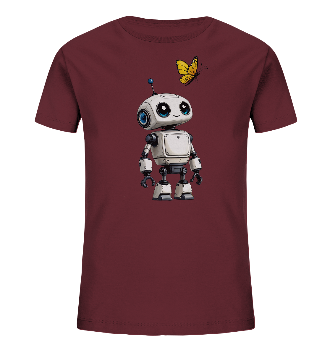 Onlineshop Shirts für Kinder - Das Bild zeigt ein Kinder T-Shirt in einem dunklen Weinrot oder Burgunder-Farbton. Auf der Vorderseite ist eine niedliche Illustration eines weißen Roboters abgebildet. Der Roboter hat große, blaue Augen und eine kleine blaue Antenne. Über dem Roboter fliegt ein leuchtend gelber Schmetterling.