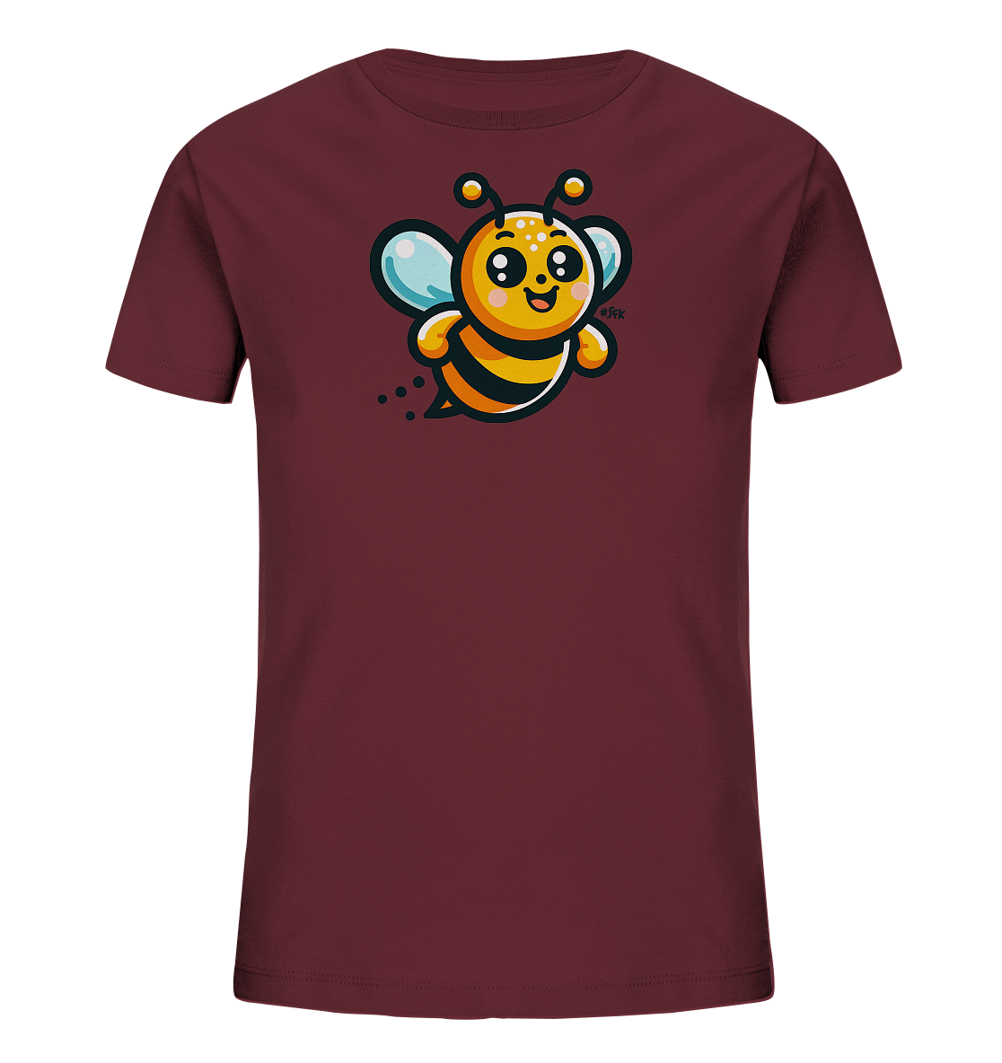 Onlineshop Shirts fuer Kinder - Das Bild zeigt ein Kinder T-Shirt in Dunkelrot. Auf der Vorderseite ist eine froehliche Cartoon-Biene abgebildet. Die Biene hat grosse Augen, blaue Fluegel und einen gestreiften Koerper. Das Motiv wirkt sehr freundlich und verspielt.