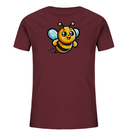 Onlineshop Shirts fuer Kinder - Das Bild zeigt ein Kinder T-Shirt in Dunkelrot. Auf der Vorderseite ist eine froehliche Cartoon-Biene abgebildet. Die Biene hat grosse Augen, blaue Fluegel und einen gestreiften Koerper. Das Motiv wirkt sehr freundlich und verspielt.