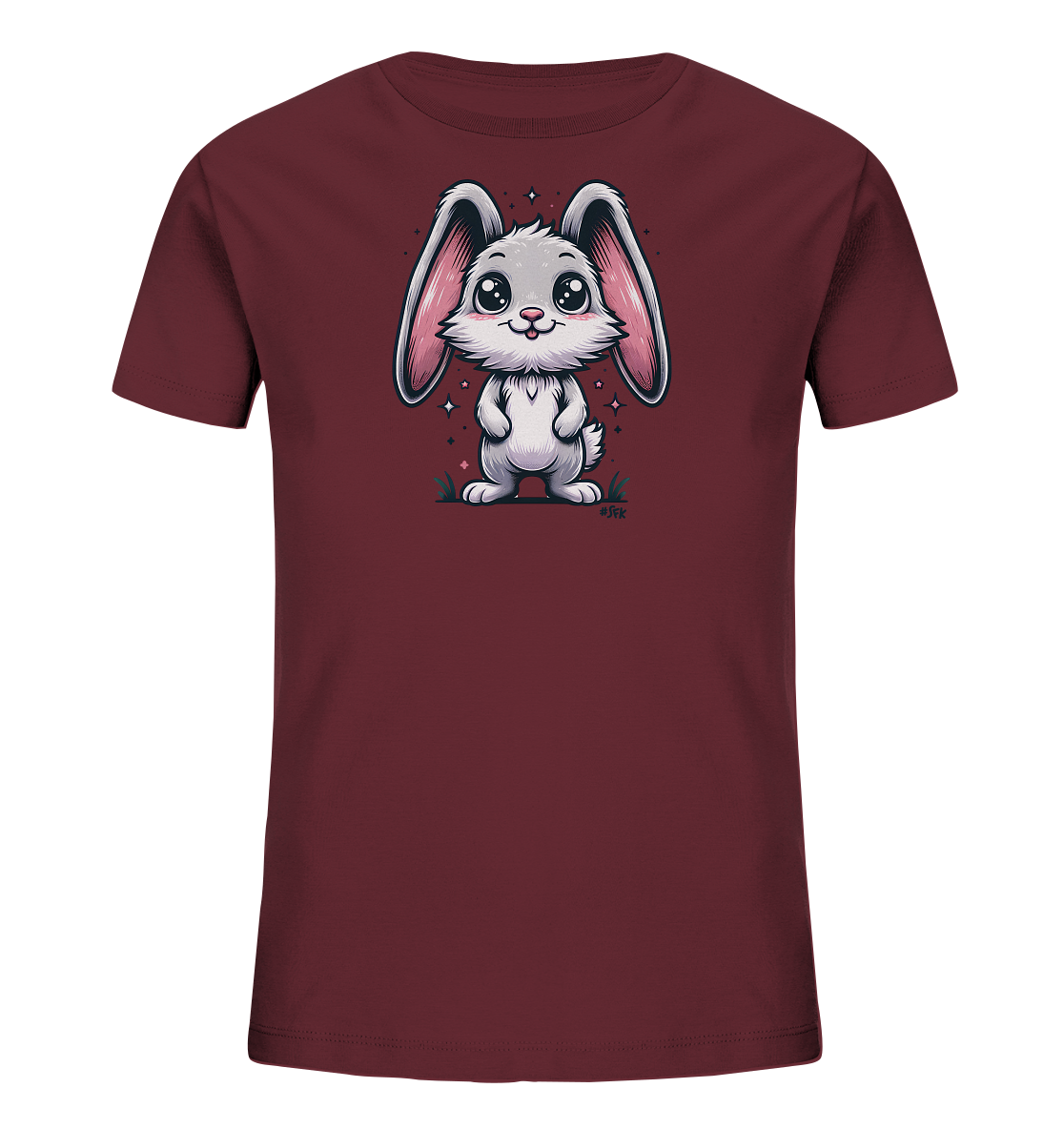 Onlineshop Shirts fuer Kinder - Das Bild zeigt ein dunkelrotes T-Shirt mit einer niedlichen Illustration eines weissen Kaninchens auf der Vorderseite. Das Kaninchen hat grosse rosa Ohren, grosse glaenzende Augen und ein freundliches Laecheln. Es steht auf einer kleinen Flaeche mit gruenen Graesern und zarten rosa Blueten, umgeben von funkelnden Sternen. Das Design wirkt froehlich und verspielt.