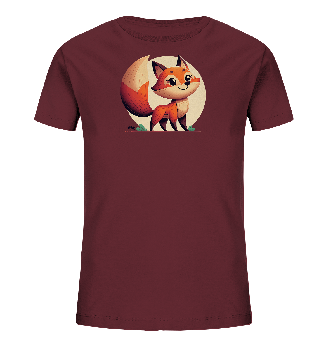 Onlineshop Shirts fuer Kinder - Dieses T-Shirt in einem dunklen Bordeauxrot zeigt eine niedliche Comic-Illustration eines Fuchses. Der Fuchs steht in der Mitte vor einem beigen Kreis und ist detailreich in Orange- und Weisstoenen gestaltet. Er hat grosse Augen, einen freundlichen Ausdruck und einen buschigen Schwanz. Das Design ist verspielt und ansprechend fuer Kinder.