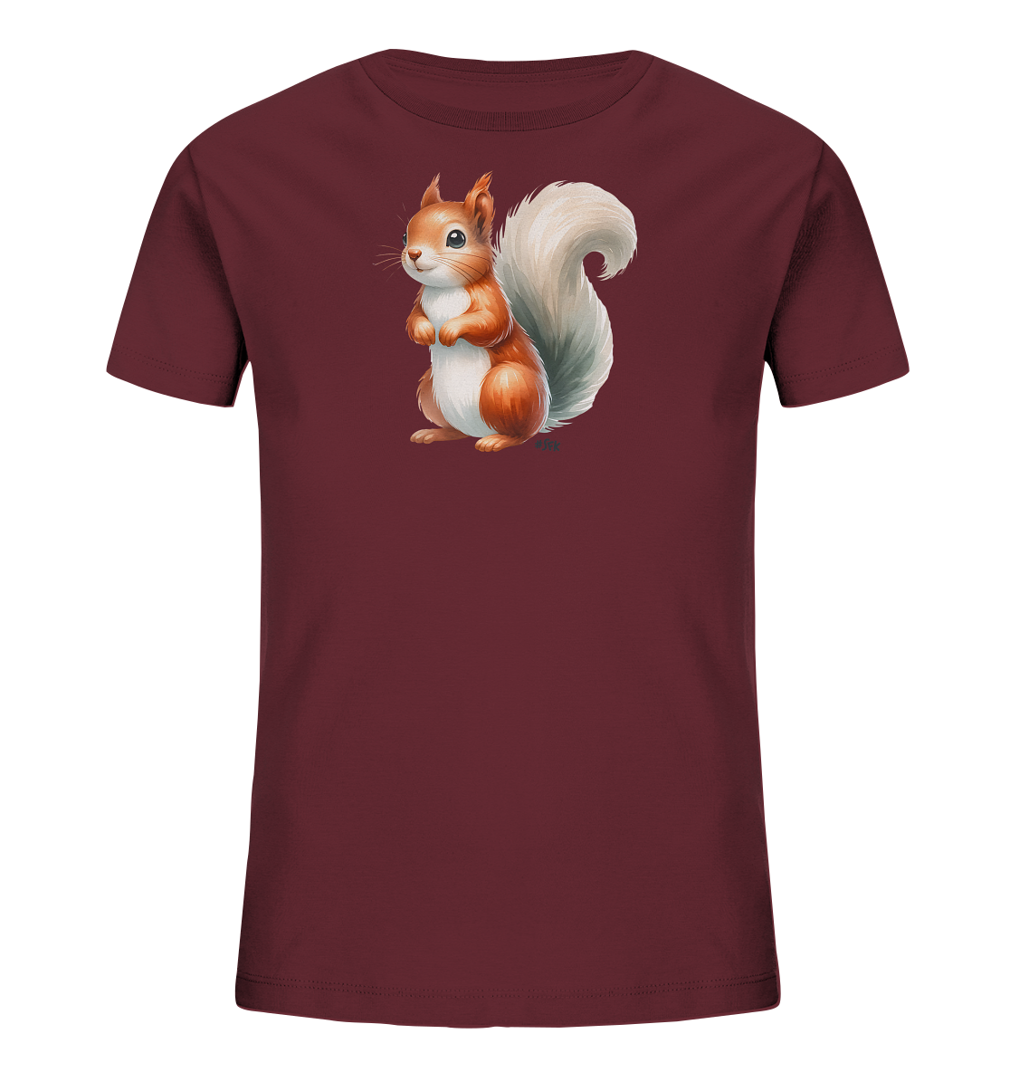 Onlineshop Shirts fuer Kinder - Das Bild zeigt ein dunkelrotes T-Shirt fuer Kinder mit einer niedlichen Illustration auf der Vorderseite. Das Motiv stellt ein aufrechtes Eichhoernchen dar, das mit seinem buschigen Schwanz und freundlichem Ausdruck dargestellt ist. Das Eichhoernchen hat braunes Fell mit weissen Akzenten und grosse, aufmerksame Augen. Das Design ist einfach und charmant, passend fuer Kinderkleidung.