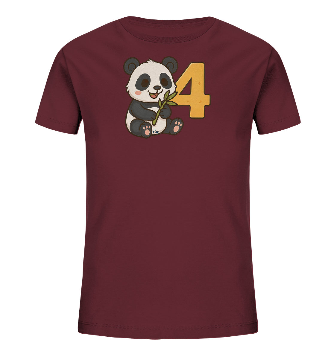 Onlineshop Shirts fuer Kinder - Das Bild zeigt ein dunkelrotes Kinder-T-Shirt mit einem niedlichen Motiv auf der Vorderseite. Ein laechelnder, sitzender Panda haelt einen Bambuszweig in den Pfoten. Direkt neben dem Panda ist die grosse Zahl 4 in einem warmen Gelbton platziert. Das Design ist klar und kindgerecht gestaltet.