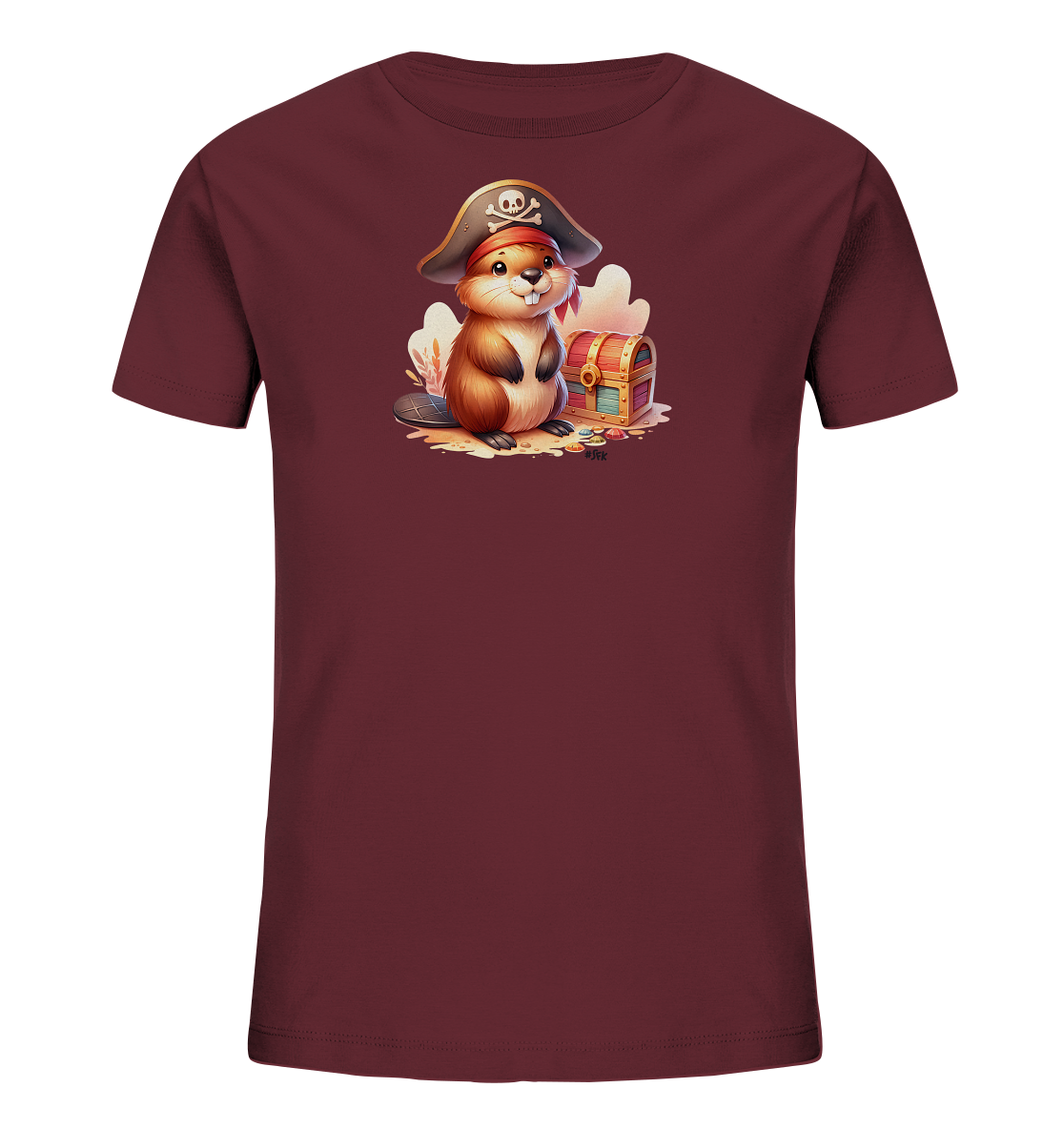 Onlineshop Shirts fuer Kinder - Das Bild zeigt ein dunkelrotes Kinder-T-Shirt mit einem aufgedruckten Motiv eines niedlichen Bibers. Der Biber traegt einen Piratenhut mit Totenkopf und sitzt auf Sand neben einer geoeffneten Schatztruhe. Die Truhe ist mit Muenzen und bunten Juwelen gefuellt. Das detailreiche Design vermittelt eine verspielte Piratenatmosphaere.