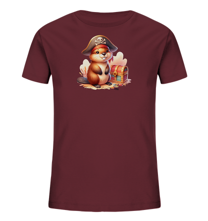Onlineshop Shirts fuer Kinder - Das Bild zeigt ein dunkelrotes Kinder-T-Shirt mit einem aufgedruckten Motiv eines niedlichen Bibers. Der Biber traegt einen Piratenhut mit Totenkopf und sitzt auf Sand neben einer geoeffneten Schatztruhe. Die Truhe ist mit Muenzen und bunten Juwelen gefuellt. Das detailreiche Design vermittelt eine verspielte Piratenatmosphaere.