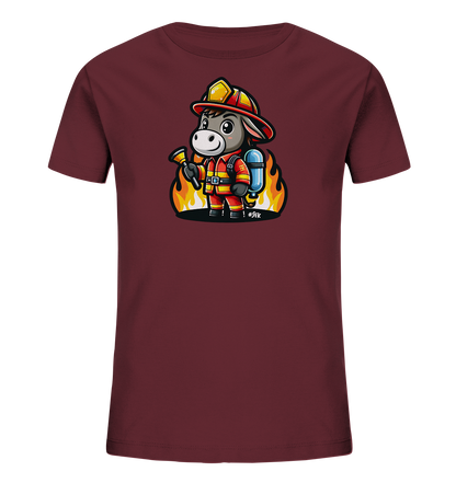 Kinder T-Shirt mit ein freundlicher Esel als Feuerwehrmann mit Helm, Anzug und Schlauch