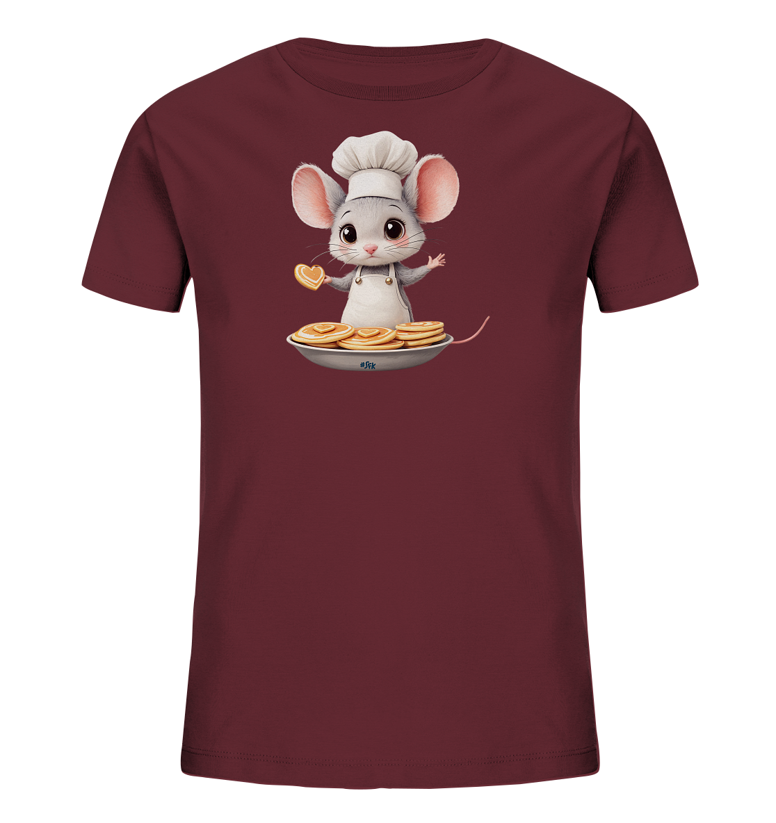 Onlineshop Shirts fuer Kinder - Das Bild zeigt ein dunkelrotes Kinder-T-Shirt mit einer charmanten Illustration. Darauf ist eine graue Maus abgebildet, die eine Kochmuetze und Schuerze traegt. Die Maus praesentiert stolz eine Platte mit Pfannkuchen und haelt ein herzfoermiges Gebaeckstueck. Das Motiv verleiht dem Shirt einen verspielten und suessen Charakter.