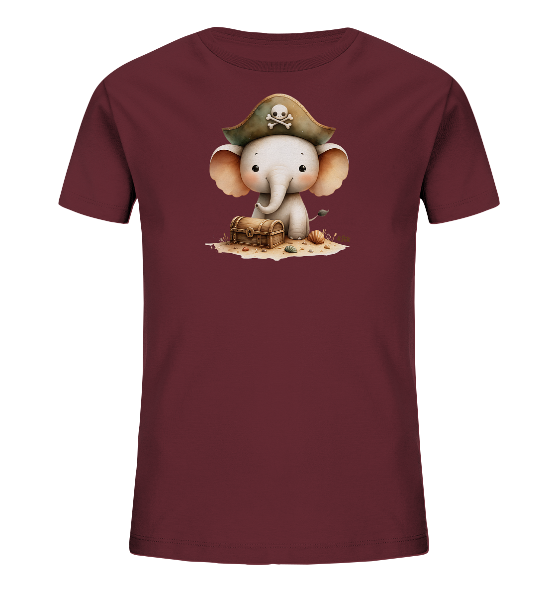 Onlineshop Shirts fuer Kinder - Das Bild zeigt ein bordeauxrotes T-Shirt fuer Kinder. Auf der Vorderseite befindet sich ein niedlicher Aufdruck eines kleinen Elefanten mit einer Piratenmuetze und Totenkopfsymbol. Der Elefant sitzt neben einer Schatzkiste auf einem kleinen Sandfleck mit Muscheln. Das Motiv wirkt fantasievoll und verspielt.