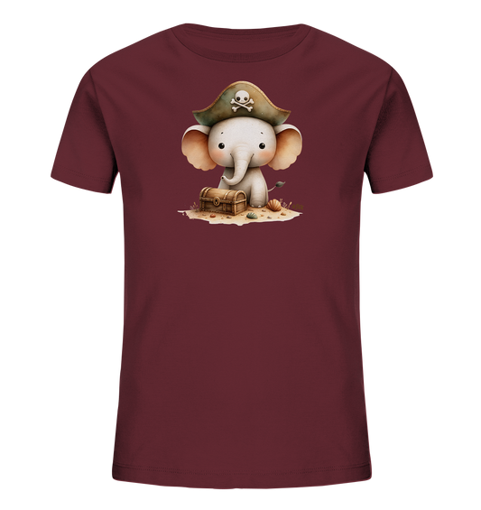 Onlineshop Shirts fuer Kinder - Das Bild zeigt ein bordeauxrotes T-Shirt fuer Kinder. Auf der Vorderseite befindet sich ein niedlicher Aufdruck eines kleinen Elefanten mit einer Piratenmuetze und Totenkopfsymbol. Der Elefant sitzt neben einer Schatzkiste auf einem kleinen Sandfleck mit Muscheln. Das Motiv wirkt fantasievoll und verspielt.
