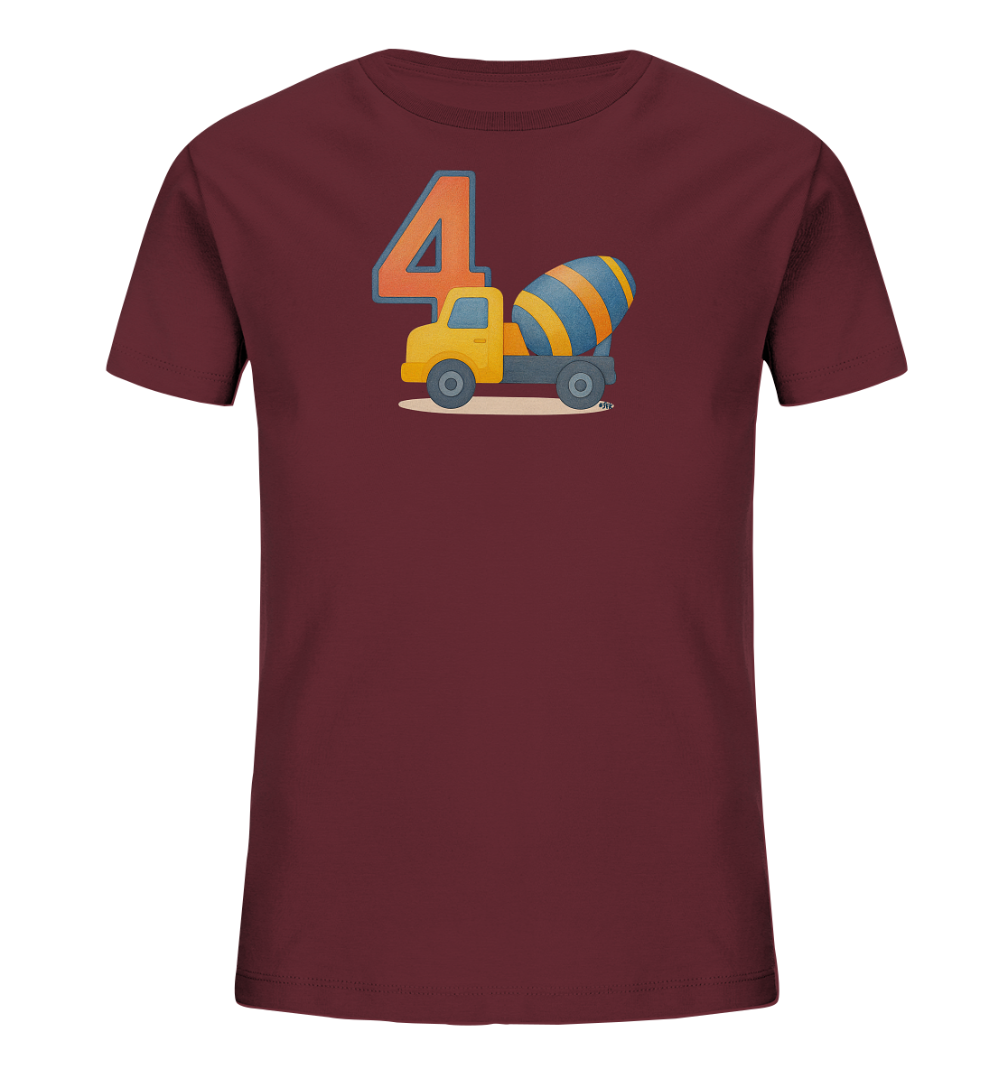 Onlineshop Shirts fuer Kinder - Das Bild zeigt ein Kindershirt in einem dunklen Burgunderrot. Auf der Vorderseite ist eine grosse orangefarbene Zahl '4' neben einem gelben Betonmischer abgebildet. Der Betonmischer hat eine blau-orange gestreifte Trommel. Das Design ist verspielt und ideal fuer junge Baufans.