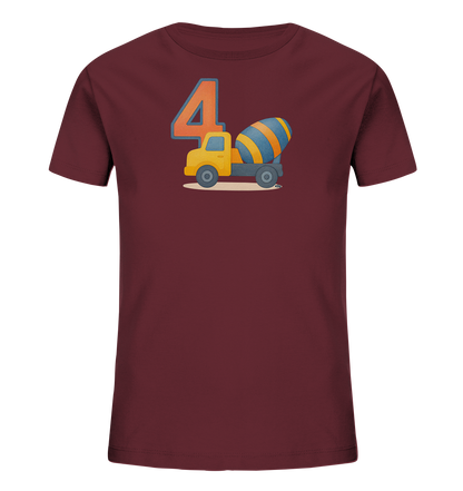 Onlineshop Shirts fuer Kinder - Das Bild zeigt ein Kindershirt in einem dunklen Burgunderrot. Auf der Vorderseite ist eine grosse orangefarbene Zahl '4' neben einem gelben Betonmischer abgebildet. Der Betonmischer hat eine blau-orange gestreifte Trommel. Das Design ist verspielt und ideal fuer junge Baufans.