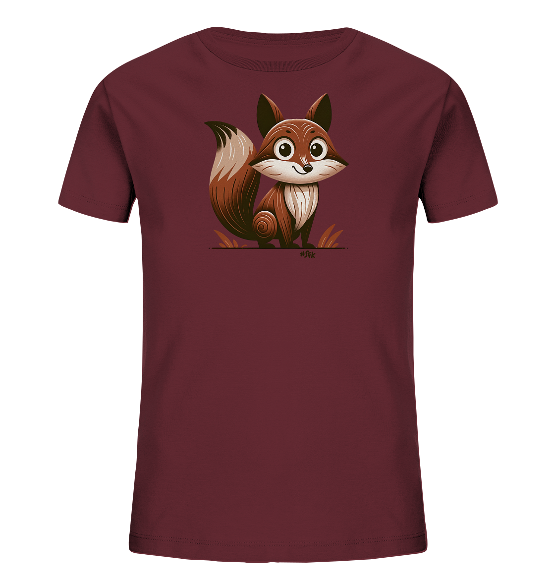 Onlineshop Shirts fuer Kinder - Das Bild zeigt ein Kinder-T-Shirt in einem dunklen Rotton mit einem niedlichen Fuchsmotiv auf der Vorderseite. Die Illustration zeigt einen cartoonhaften Fuchs mit grossen Augen und buschigem Schwanz, der aufrecht sitzt. Das Design ist in Brauntoenen gehalten und wird durch einfache Graselemente am unteren Rand ergaenzt. Dieses Motiv verleiht dem Shirt einen verspielten und ansprechenden Charakter.