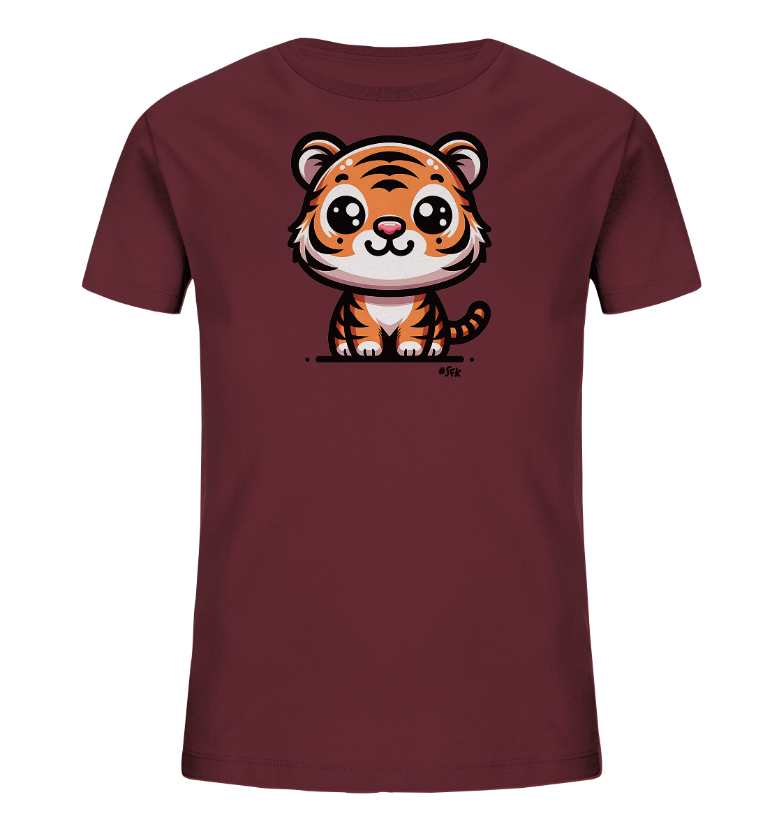 Onlineshop Shirts fuer Kinder - Das Bild zeigt ein Kinder-T-Shirt in einem dunklen Rottton. Auf der Vorderseite befindet sich eine niedliche Cartoon-Darstellung eines sitzenden Tigers. Der Tiger hat grosse, runde Augen, orangefarbenes Fell mit schwarzen Streifen und einen freundlichen Ausdruck. Dieses Design ist verspielt und ansprechend fuer Kinder.