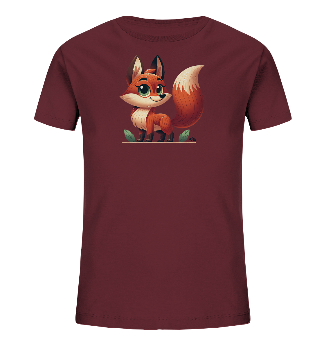 Onlineshop Shirts fuer Kinder - Das Bild zeigt ein bordeauxrotes T-Shirt fuer Kinder mit einem niedlichen Cartoon-Fuchs auf der Vorderseite. Der Fuchs ist orange-weiss gefaerbt, hat grosse gruene Augen und einen buschigen Schwanz. Er steht auf einer stilisierten Linie mit einigen Blaettern. Das Design wirkt freundlich und verspielt.