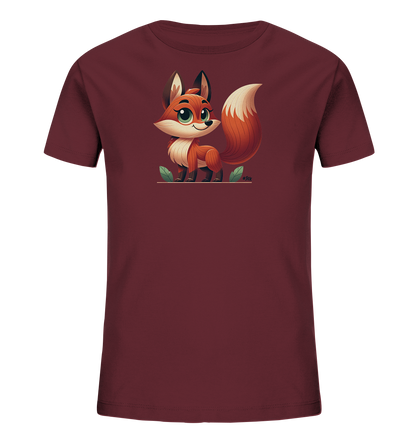 Onlineshop Shirts fuer Kinder - Das Bild zeigt ein bordeauxrotes T-Shirt fuer Kinder mit einem niedlichen Cartoon-Fuchs auf der Vorderseite. Der Fuchs ist orange-weiss gefaerbt, hat grosse gruene Augen und einen buschigen Schwanz. Er steht auf einer stilisierten Linie mit einigen Blaettern. Das Design wirkt freundlich und verspielt.