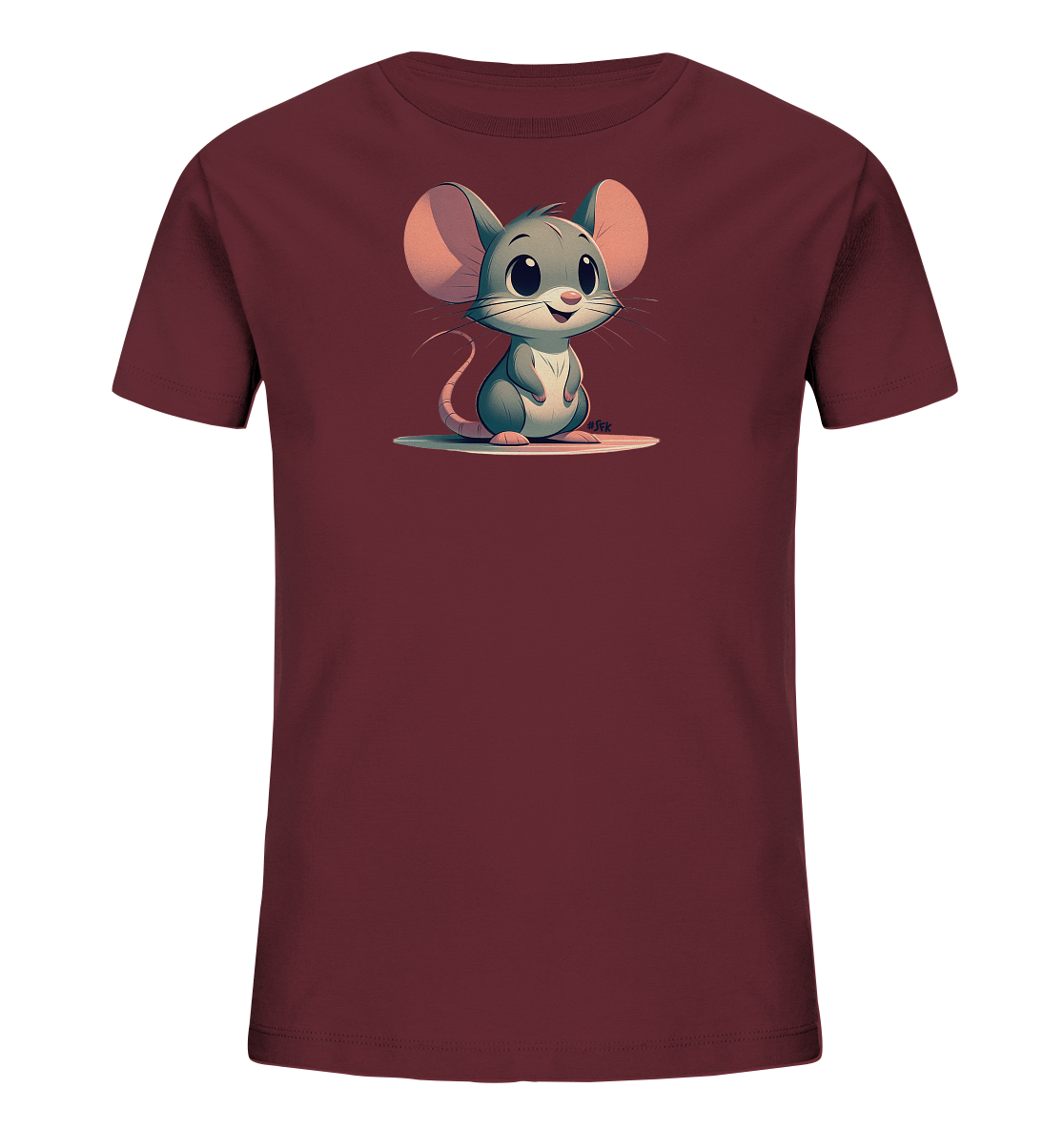Onlineshop Shirts fuer Kinder - Das Bild zeigt ein dunkelrotes Kinder-T-Shirt. Auf der Vorderseite ist eine niedliche Cartoon-Maus abgebildet. Die Maus ist grau mit grossen rosa Ohren und hat einen freundlichen Ausdruck. Sie sitzt auf einem hellen, ovalen Untergrund.
