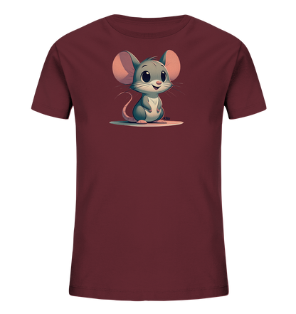 Onlineshop Shirts fuer Kinder - Das Bild zeigt ein dunkelrotes Kinder-T-Shirt. Auf der Vorderseite ist eine niedliche Cartoon-Maus abgebildet. Die Maus ist grau mit grossen rosa Ohren und hat einen freundlichen Ausdruck. Sie sitzt auf einem hellen, ovalen Untergrund.
