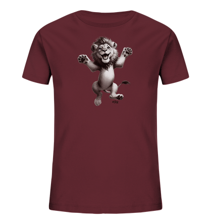 Onlineshop Shirts fuer Kinder - Das Bild zeigt ein dunkelrotes Kinder-T-Shirt mit einer Illustration eines springenden Loewen. Der cartoonhafte Loewe springt mit ausgestreckten Armen und Beinen und hat einen sehr froehlichen Gesichtsausdruck. Die Darstellung ist in Graustufen gehalten, was einen besonderen Kontrast zum dunklen Shirt bildet. Dieses Design verleiht dem Shirt einen lustigen und lebendigen Charakter.
