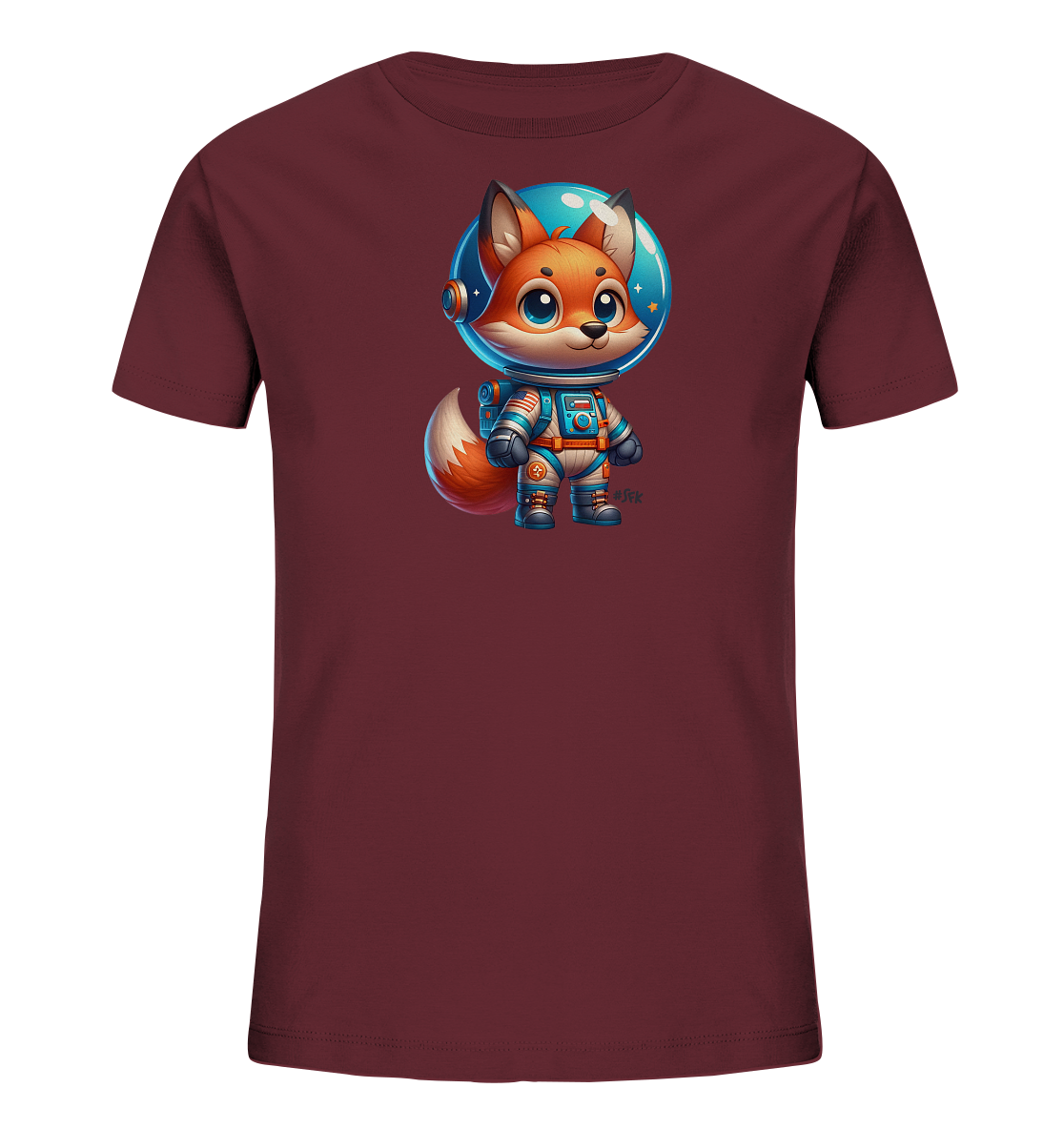 Onlineshop Shirts fuer Kinder - Das Bild zeigt ein dunkelrotes T-Shirt fuer Kinder mit einem auffaelligen Motiv auf der Vorderseite. Darauf ist eine niedliche Zeichentrickfigur eines Fuchses in einem Astronautenanzug abgebildet. Der Fuchs traegt einen detailreichen blauen Raumanzug und einen Helm, durch den sein freundliches Gesicht und grosse Augen sichtbar sind. Das Design ist verspielt und zeigt den Fuchs in voller Montur bereit fuer ein Weltraumabenteuer.