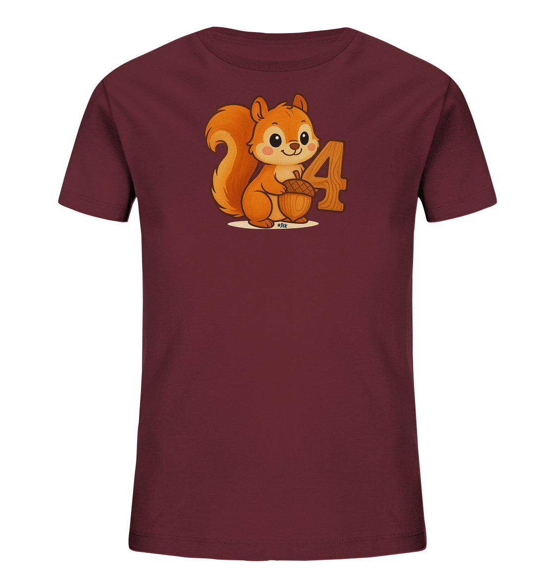 Onlineshop Shirts fuer Kinder - Das Bild zeigt ein dunkelrotes Kinder T-Shirt mit einem niedlichen Motiv. Darauf ist ein cartoonartiges Eichhoernchen abgebildet, das eine Eichel in seinen Pfoten haelt. Neben dem Eichhoernchen steht die Zahl '4'. Das Design ist freundlich und farbenfroh gestaltet.