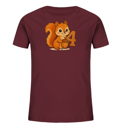 Onlineshop Shirts fuer Kinder - Das Bild zeigt ein dunkelrotes Kinder T-Shirt mit einem niedlichen Motiv. Darauf ist ein cartoonartiges Eichhoernchen abgebildet, das eine Eichel in seinen Pfoten haelt. Neben dem Eichhoernchen steht die Zahl '4'. Das Design ist freundlich und farbenfroh gestaltet.
