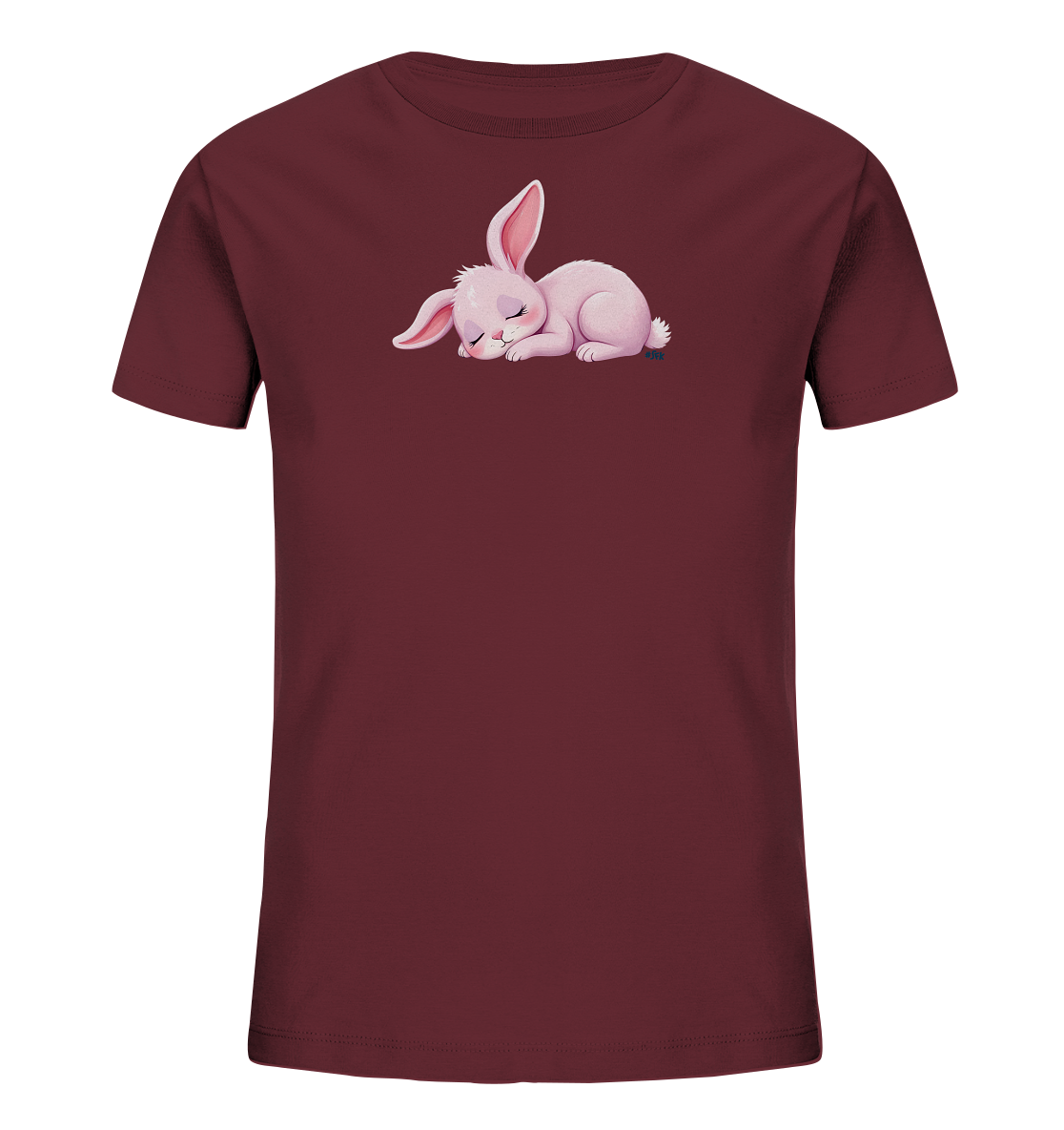 Onlineshop Shirts fuer Kinder - Das Bild zeigt ein dunkelrotes Kinder-T-Shirt. Auf der Vorderseite ist eine niedliche, schlafende Hasenillustration zu sehen. Das Haeschen ist rosa, liegt zusammengerollt und hat die Augen geschlossen, was einen friedlichen Ausdruck vermittelt. Die gesamte Gestaltung wirkt sanft und kinderfreundlich.