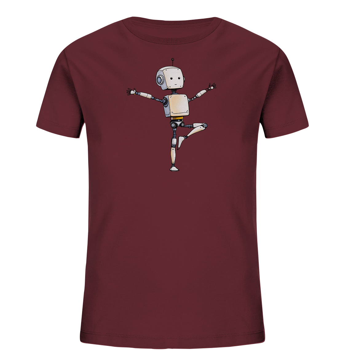 Onlineshop Shirts für Kinder - Das Bild zeigt ein Kinder-T-Shirt in einem satten Burgunderrot. Auf der Vorderseite des Shirts befindet sich eine detaillierte Illustration eines kleinen, humanoiden Roboters. Der Roboter ist hauptsächlich in Grau- und Weißtönen gehalten, mit sichtbaren Gelenken und einer Antenne auf dem Kopf. Er ist in einer dynamischen Pose dargestellt, bei der er auf einem Bein balanciert und die Arme zur Seite streckt, was einen verspielten und fröhlichen Eindruck vermittelt.