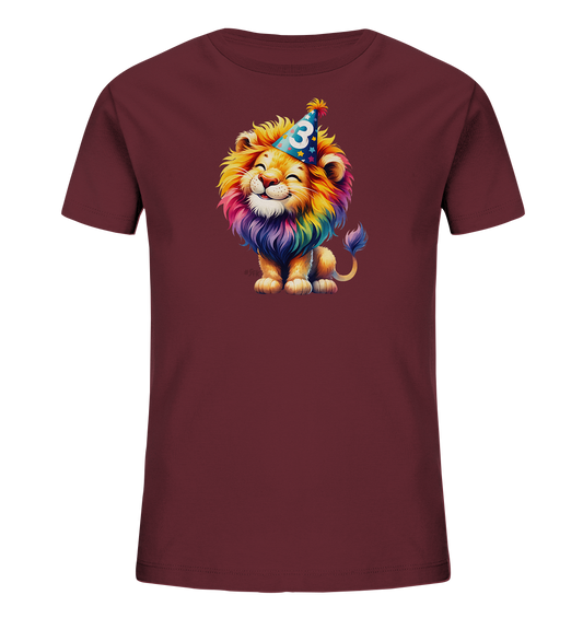 Kinder T-Shirt – Glücklicher bunter Löwe wird Drei