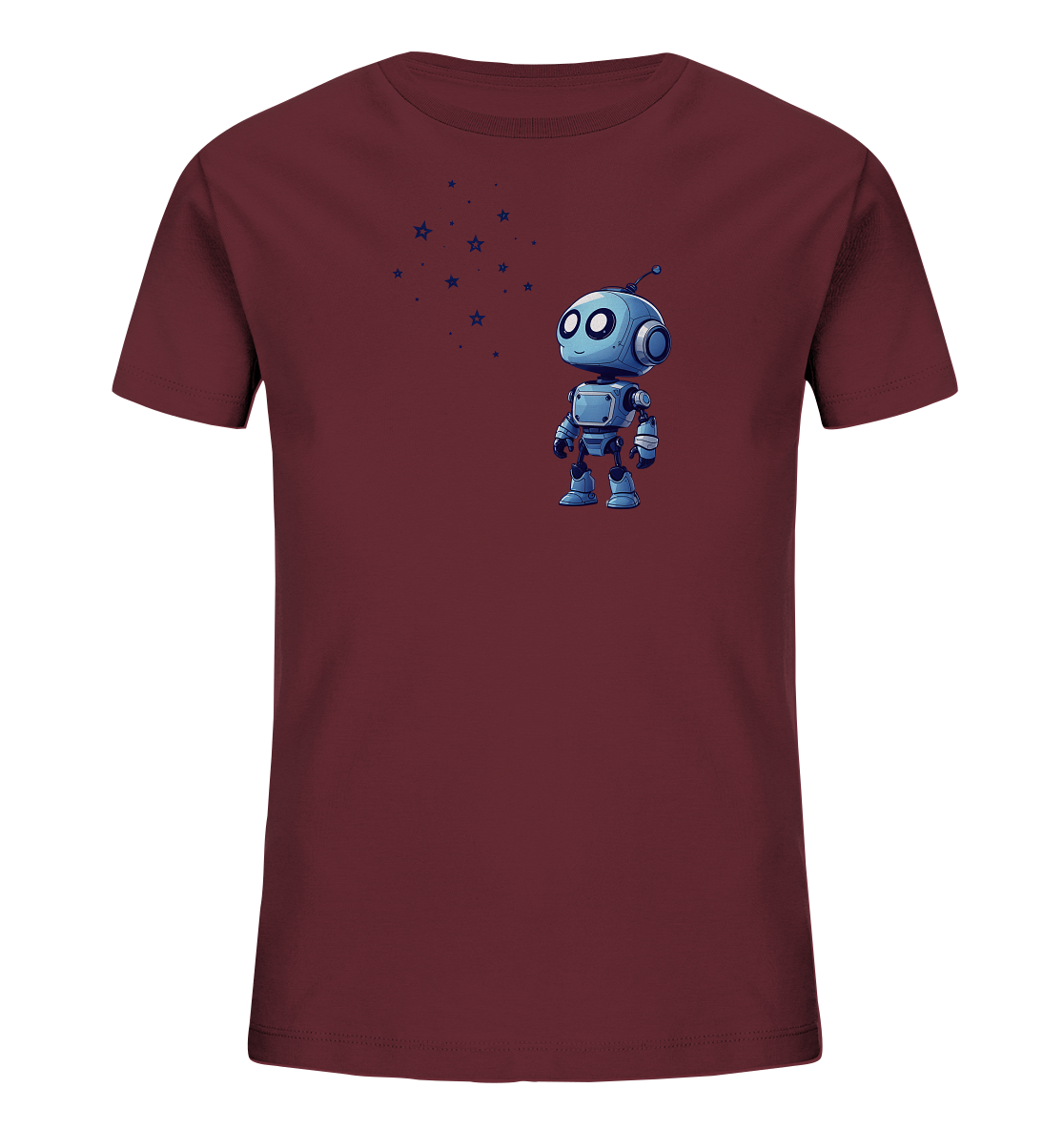 Onlineshop Shirts für Kinder - Das Bild zeigt die Vorderseite eines einfarbigen Kinder-T-Shirts. Das T-Shirt hat eine dunkelrote, bordeauxähnliche Farbe. Auf der Vorderseite ist ein stilisiertes Motiv eines kleinen Roboters in Blautönen abgebildet. Links vom Roboter sind mehrere kleine, dunkelblaue Sterne und Punkte platziert.