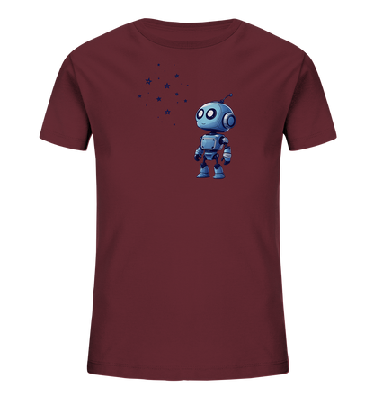 Onlineshop Shirts für Kinder - Das Bild zeigt die Vorderseite eines einfarbigen Kinder-T-Shirts. Das T-Shirt hat eine dunkelrote, bordeauxähnliche Farbe. Auf der Vorderseite ist ein stilisiertes Motiv eines kleinen Roboters in Blautönen abgebildet. Links vom Roboter sind mehrere kleine, dunkelblaue Sterne und Punkte platziert.