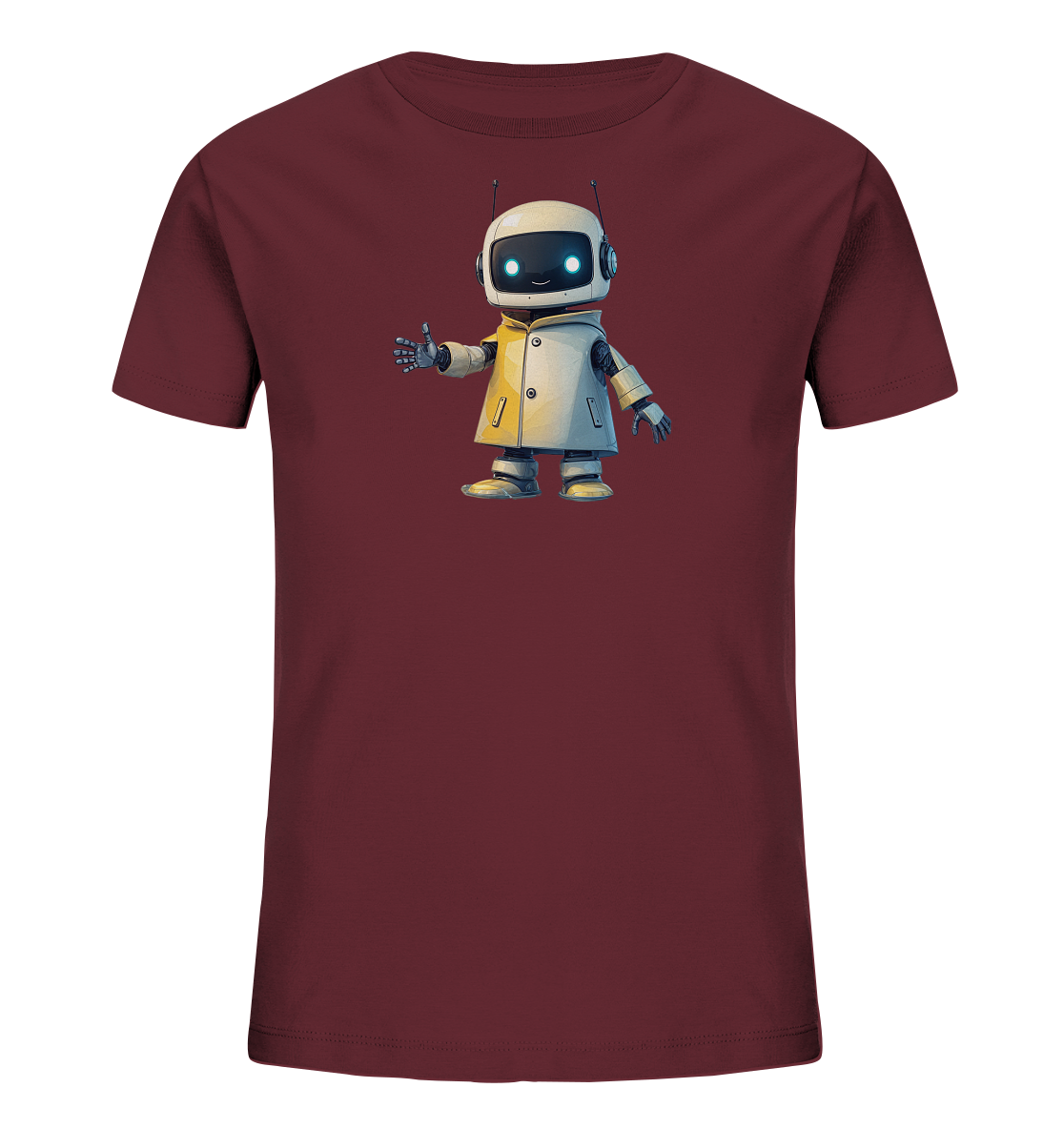 Onlineshop Shirts für Kinder - Das Bild zeigt ein T-Shirt in einem dunklen Rotton, das mittig auf der Vorderseite ein Motiv eines kleinen, cartoonhaften Roboters trägt. Der Roboter hat einen weißen Kopf mit leuchtend blauen Augen und trägt einen hellen Mantel oder eine Jacke über seinem Körper. Er hat Kopfhörer auf und hält eine Hand mit einem hochgestreckten Daumen nach vorne. Das Motiv wirkt freundlich und modern und ist gut sichtbar auf dem dunklen Stoff platziert.