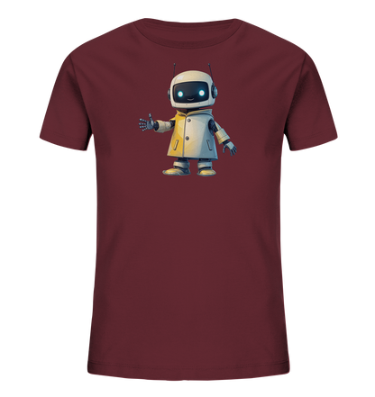 Onlineshop Shirts für Kinder - Das Bild zeigt ein T-Shirt in einem dunklen Rotton, das mittig auf der Vorderseite ein Motiv eines kleinen, cartoonhaften Roboters trägt. Der Roboter hat einen weißen Kopf mit leuchtend blauen Augen und trägt einen hellen Mantel oder eine Jacke über seinem Körper. Er hat Kopfhörer auf und hält eine Hand mit einem hochgestreckten Daumen nach vorne. Das Motiv wirkt freundlich und modern und ist gut sichtbar auf dem dunklen Stoff platziert.