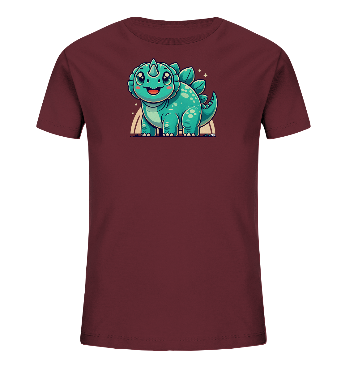 Onlineshop Shirts fuer Kinder - Das Bild zeigt ein dunkelrotes Kinder T-Shirt mit einem freundlichen Cartoon-Dinosaurier auf der Vorderseite. Der kleine Dinosaurier ist tuerkisgruen und hat stachelige Platten auf dem Ruecken sowie einen suessen Gesichtsausdruck. Er steht auf einem stilisierten Regenbogenboden, umgeben von kleinen Glitzersternen. Das Design ist verspielt und farbenfroh, ideal fuer Kinder.