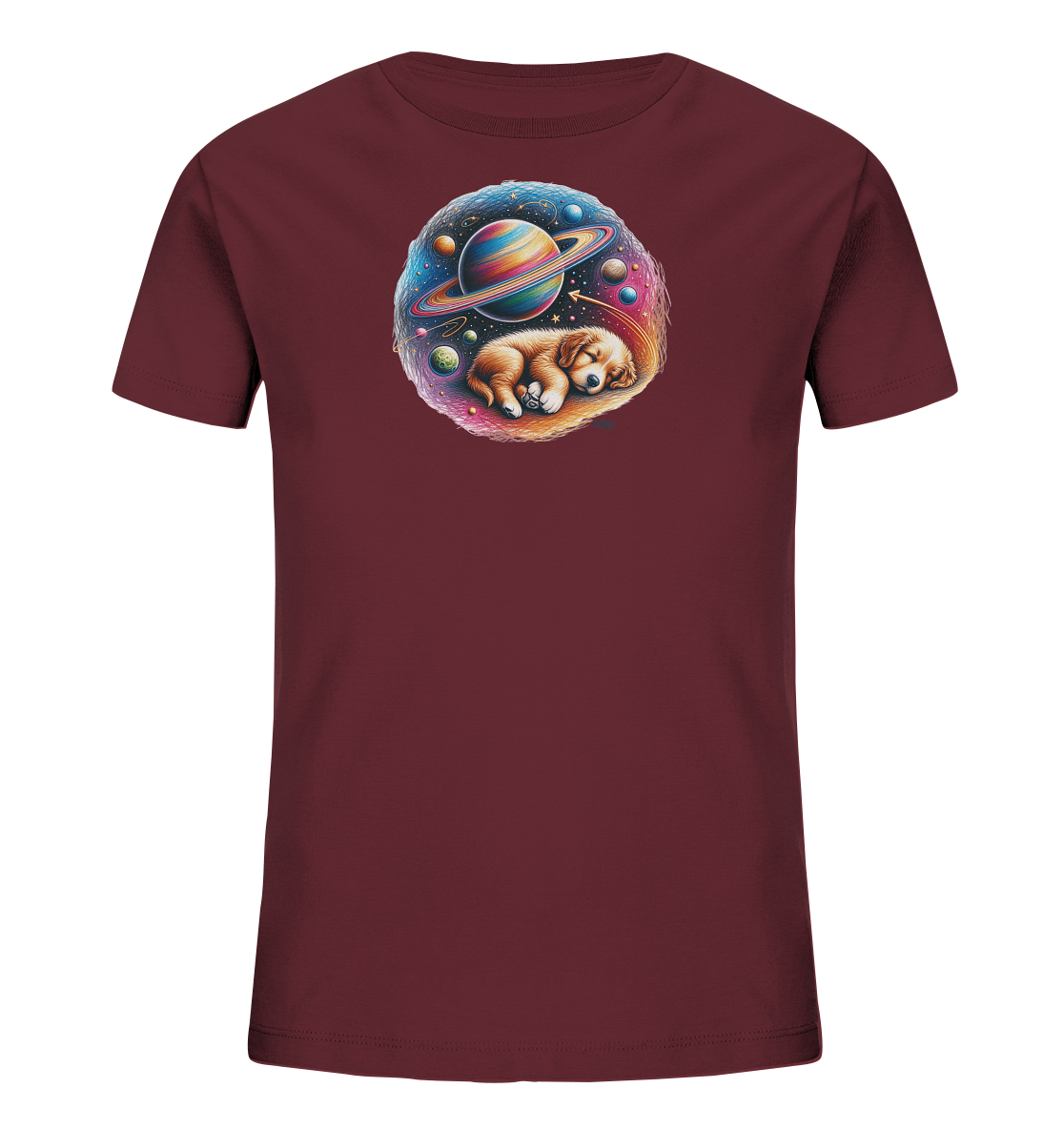 Onlineshop Shirts fuer Kinder - Das T-Shirt zeigt ein rundes Motiv mit einem schlafenden Welpen, der in einer kosmischen Szene liegt. Um den Hund herum sind Planeten, Sterne und bunte Nebel dargestellt, umrahmt von einem Farbuebergang. Das Design kombiniert suesse Tiere mit einem Weltraumthema.