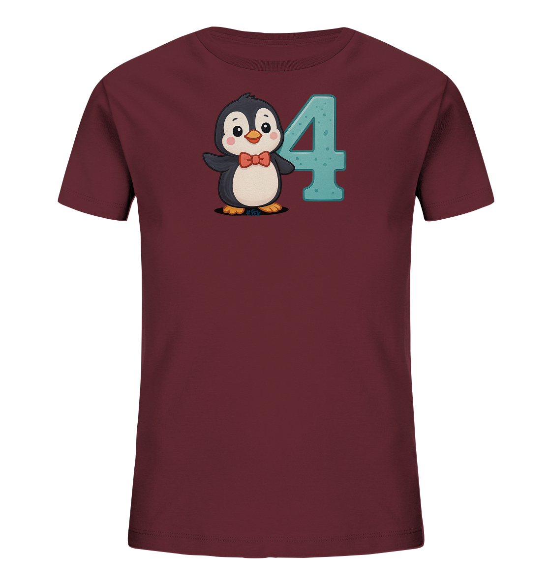 Onlineshop Shirts fuer Kinder - Das Bild zeigt ein weinrotes Kinder-T-Shirt. Auf der Vorderseite ist eine Illustration eines niedlichen Pinguins mit Fliege neben der stilisierten Zahl '4' in Blau abgebildet. Der Pinguin hat grosse, freundliche Augen und hebt eine Flosse. Das Design ist froehlich und farbenfroh gestaltet, passend fuer ein Kinderoutfit.