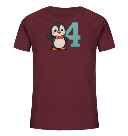 Onlineshop Shirts fuer Kinder - Das Bild zeigt ein weinrotes Kinder-T-Shirt. Auf der Vorderseite ist eine Illustration eines niedlichen Pinguins mit Fliege neben der stilisierten Zahl '4' in Blau abgebildet. Der Pinguin hat grosse, freundliche Augen und hebt eine Flosse. Das Design ist froehlich und farbenfroh gestaltet, passend fuer ein Kinderoutfit.
