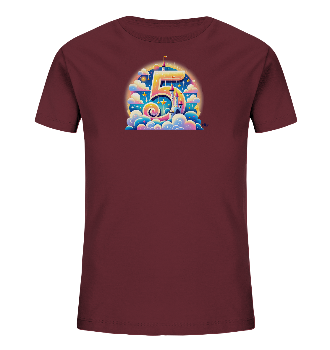 Onlineshop Shirts für Kinder - Das Bild zeigt ein Kinder-T-Shirt in einem warmen Bordeauxrot-Ton. Auf der Vorderseite ist eine große, goldgelbe '5' abgebildet, die kunstvoll in eine Märchenschloss-Szene integriert ist. Das Motiv ist von bunten Wolken, Sternen und Glanzpunkten umgeben, was eine verträumte und festliche Atmosphäre schafft. Das Design ist sehr farbenfroh und detailliert, ideal für einen besonderen Anlass wie einen Geburtstag oder als fröhliches Alltagsoutfit.