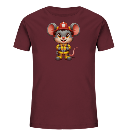 Onlineshop Shirts fuer Kinder - Das Bild zeigt ein bordeauxrotes T-Shirt mit einem suessen Aufdruck einer Maus. Die Maus ist als Feuerwehrmann gekleidet, mit rotem Helm und gelber Uniform. Sie steht laechelnd in einer aufrechten Pose auf dem Shirt. Das Design wirkt detailreich und spricht kleine Feuerwehr-Fans an.