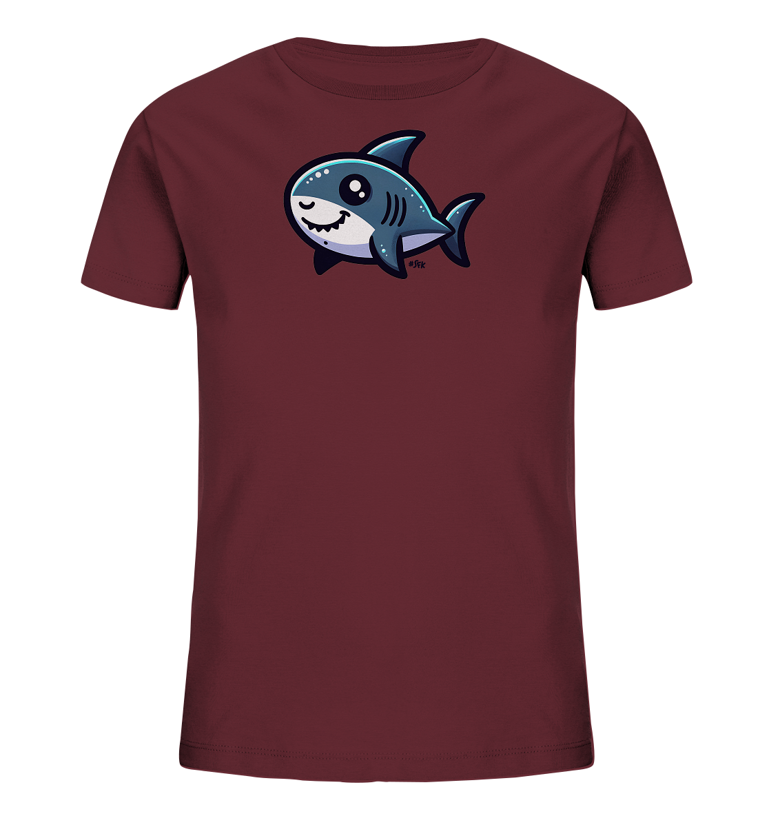 Onlineshop Shirts fuer Kinder - Das Bild zeigt ein Kinder-T-Shirt in einem dunklen Rotton. Auf der Vorderseite ist ein freundlicher, cartoonhafter Hai abgebildet. Der Hai ist blau-weiss gestaltet, laechelt und hat grosse, ausdrucksstarke Augen. Das Motiv wirkt verspielt und ansprechend fuer Kinder.