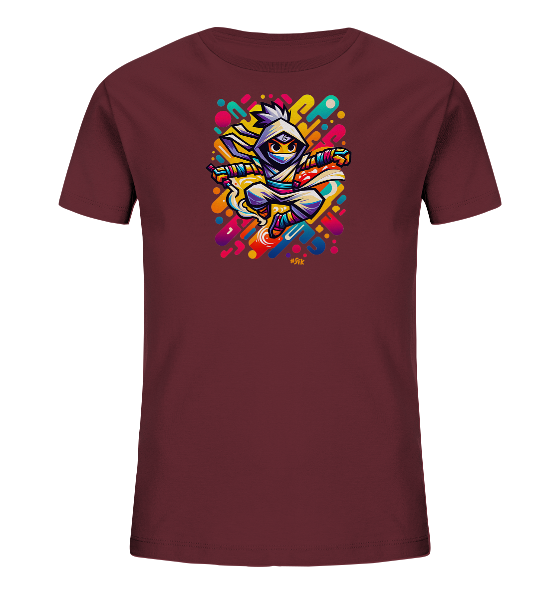 Onlineshop Shirts fuer Kinder - Das Bild zeigt ein bordeauxrotes T-Shirt mit einer dynamischen Illustration eines Cartoon-Charakters im Ninja-Stil. Die Figur in Sprungposition ist von einem farbenfrohen Hintergrund aus abstrakten Formen in leuchtenden Farben umgeben. Das Design wirkt sehr lebendig und energetisch.
