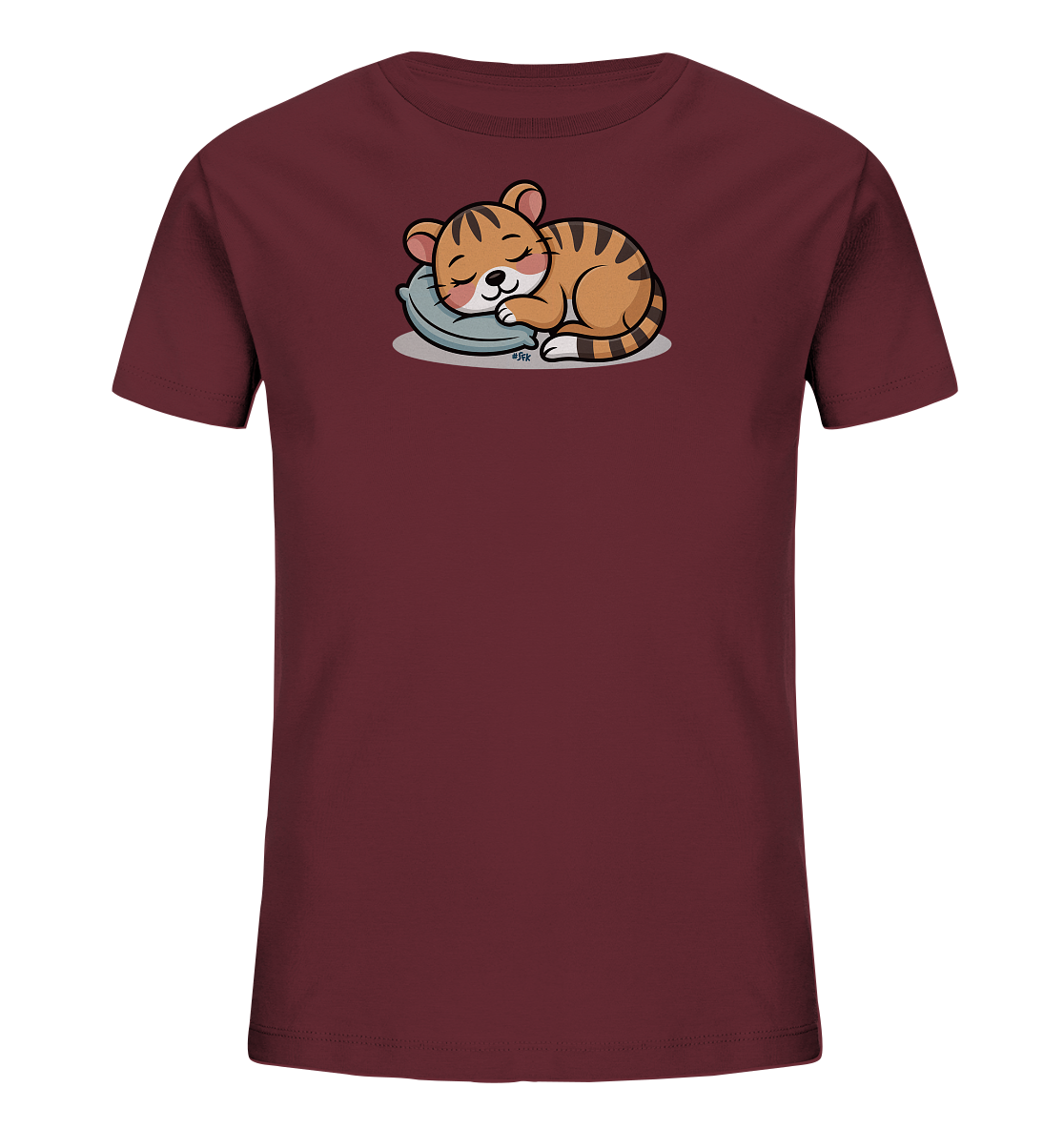 Onlineshop Shirts fuer Kinder - Das Bild zeigt ein dunkelrotes Kinder-T-Shirt mit einem schlafenden Tigerbaby. Das orangefarbene Tigerjunges liegt gemuetlich auf einem hellblauen Kissen. Es hat schwarze Streifen und geschlossene Augen, was einen ruhigen Ausdruck vermittelt. Das Design ist mittig auf der Vorderseite des Shirts platziert.